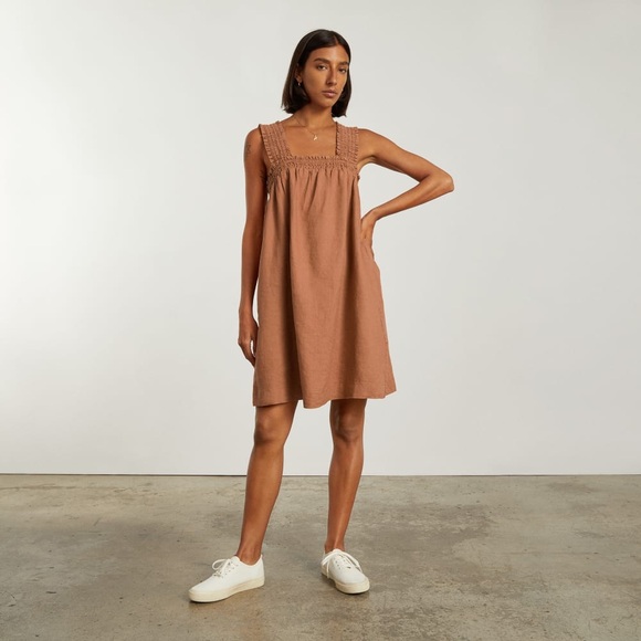 Everlane THE SMOCKED LINEN DRESS Tawny Brown Pockets Oversized Size XS - Picture 2 of 9